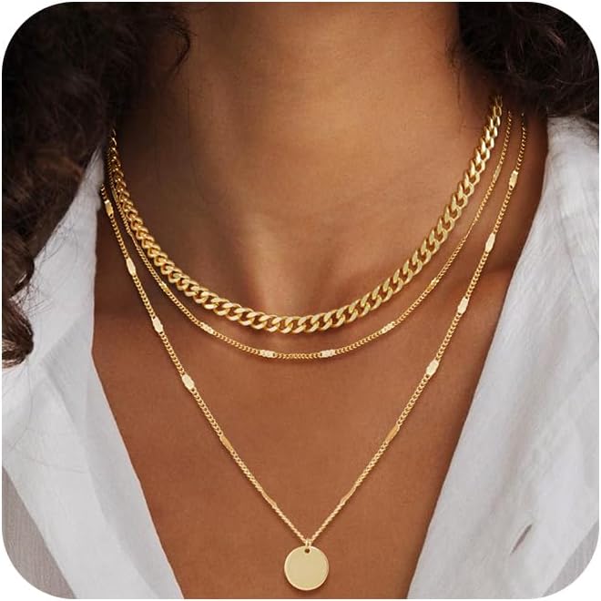 MFRYK Gold/Silver Necklaces Stack For Women,14K Gold/Sterling Silver Plated Simple Layered Choker Necklaces For Women,Stackable Multilayer Pearl Cross Disc Circle Pendant Cuban Herringbone Snake Paperclip Chain Necklaces Set Jewelry Gift for Women - Image 1
